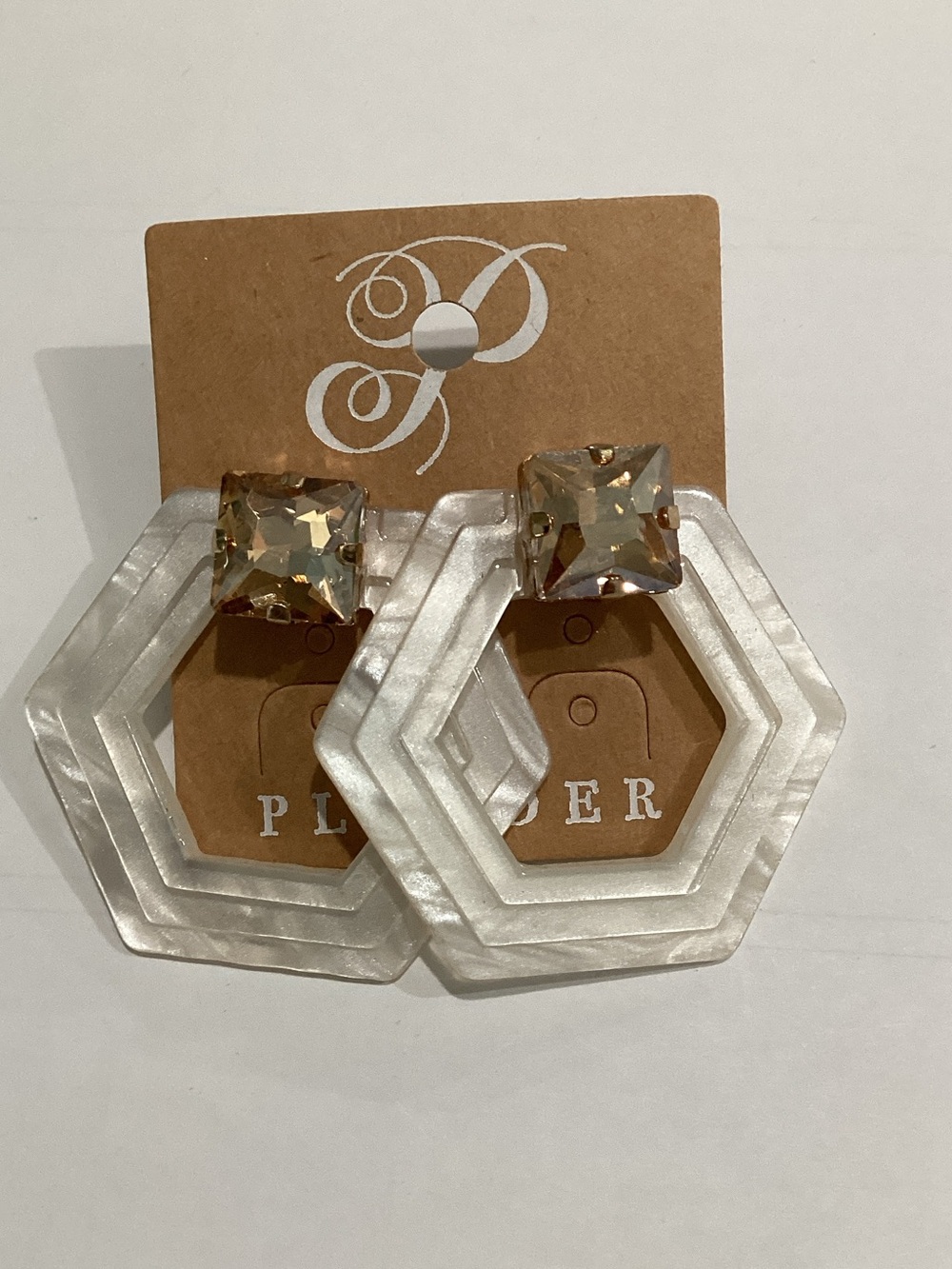 Plunder White Pearl Hexagon Drop Earrings with‎ Champagne Stone